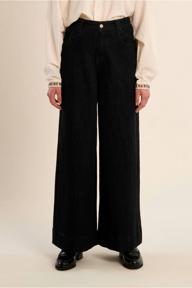 Denim taille haute, large, en coton