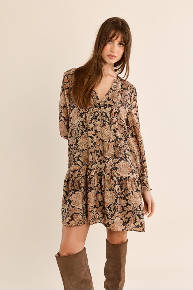 Robe courte évasée, motif à fleurs
