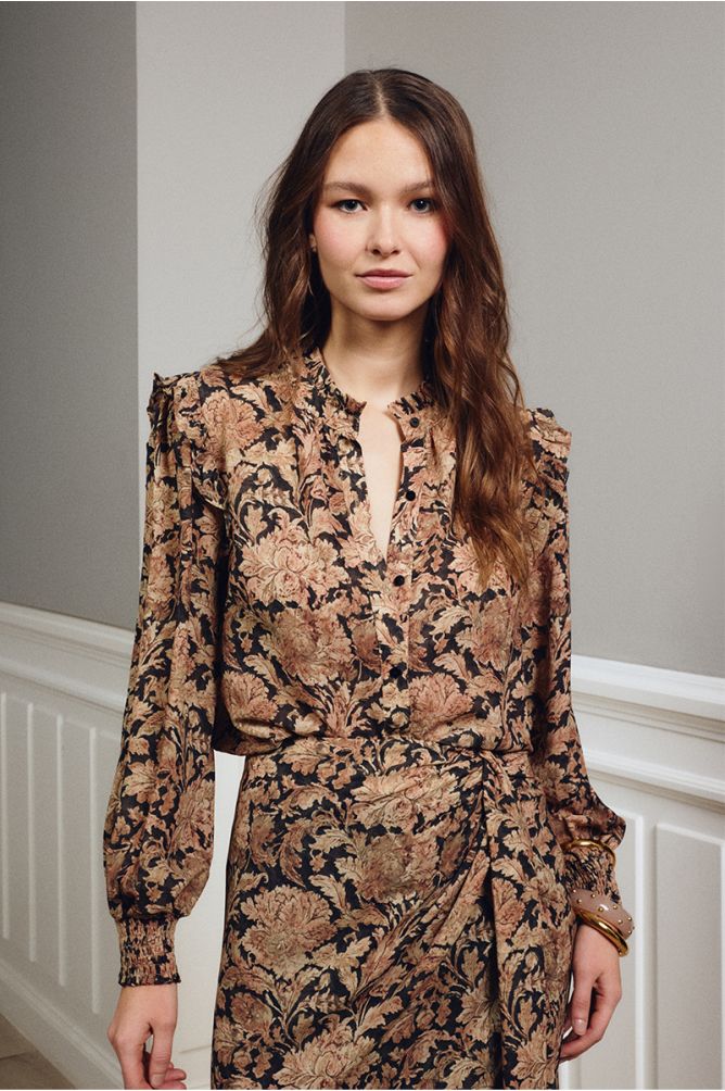 Mandarin collar blouse, floral print