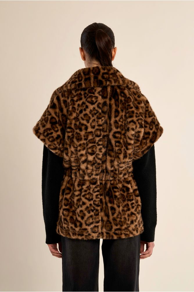 Belted faux fur jacket with animal print
