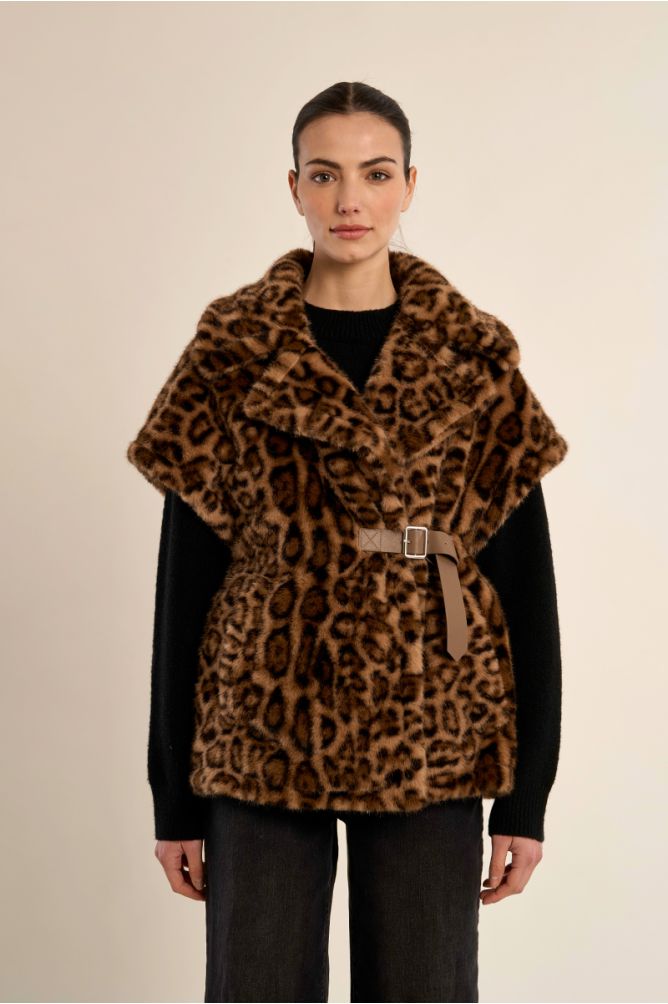 Veste ceintrée en fausse fourrure, imprimé animalier