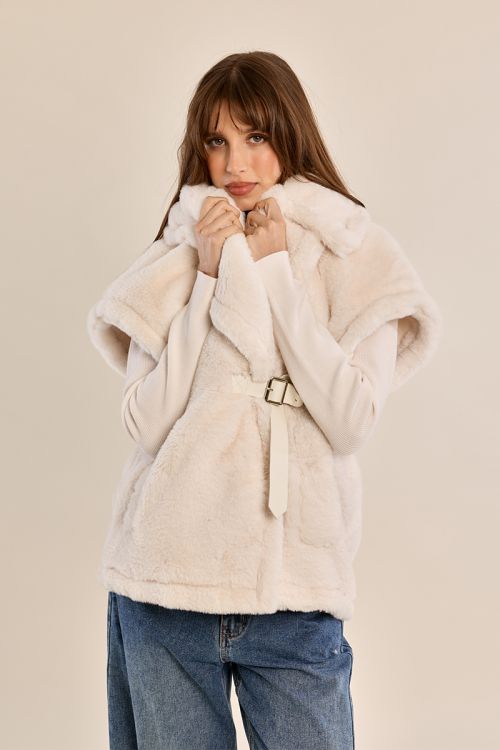 Belted faux fur jacket, sleeveless