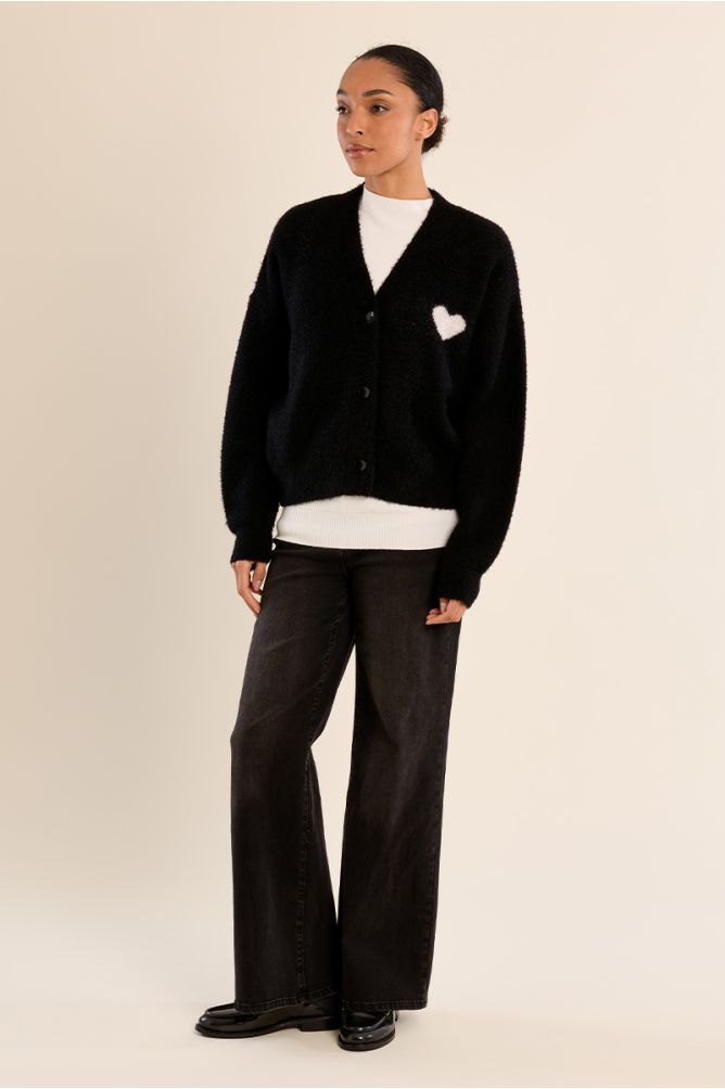 Cardigan col V, détail cœur