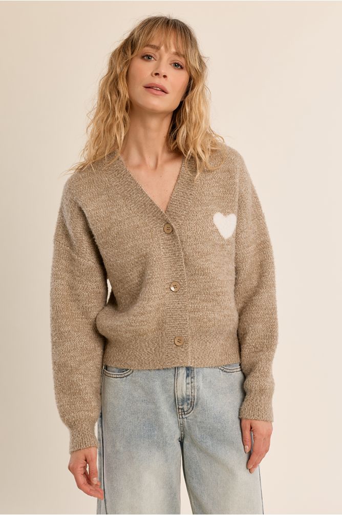 Cardigan col V, détail cœur