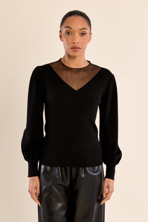 Bi-material sweater, puffed sleeves