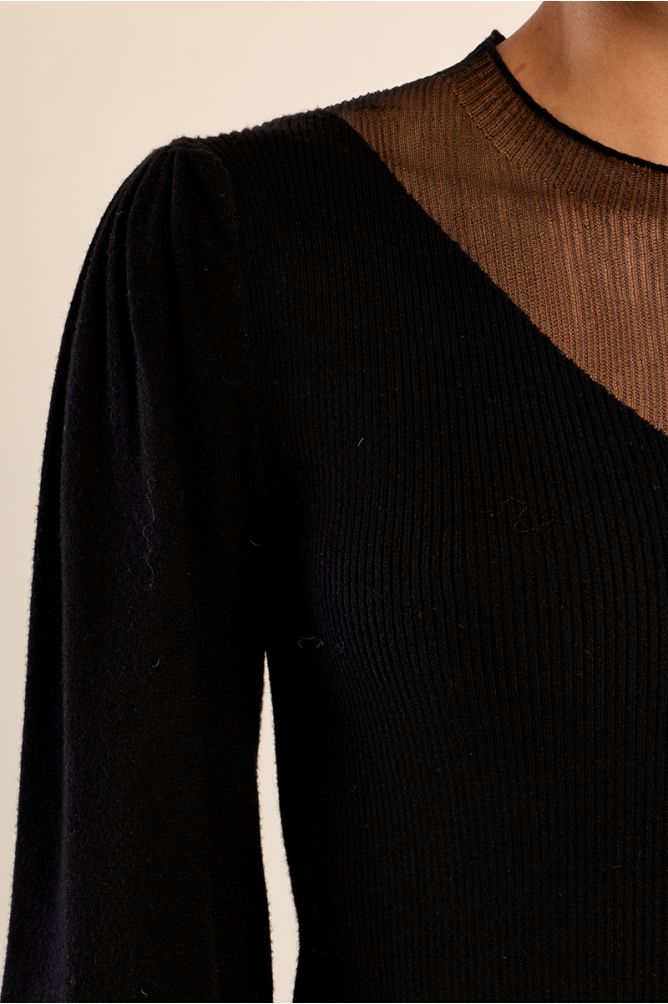 Pull en bi-matière, manches bouffantes
