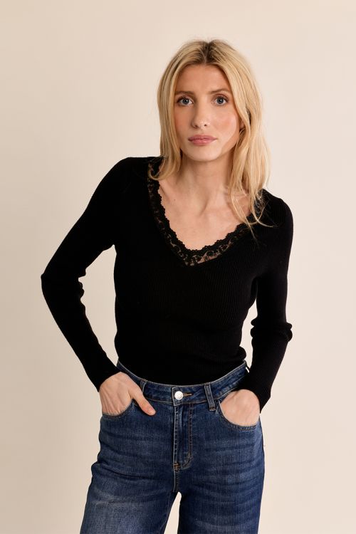 Long-sleeved top, lace V-neck