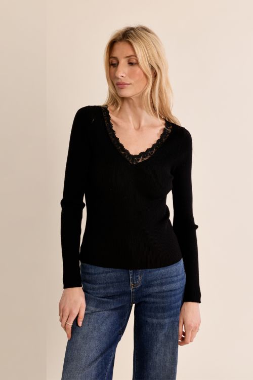 Long-sleeved top, lace V-neck