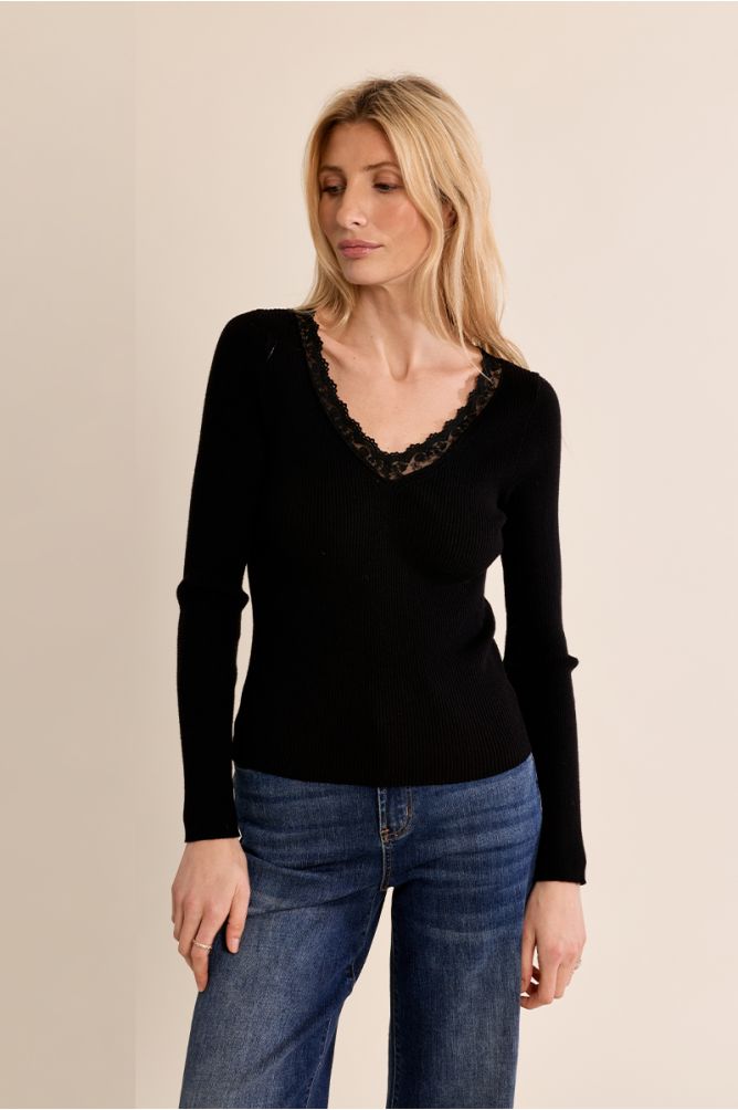 Long-sleeved top, lace V-neck