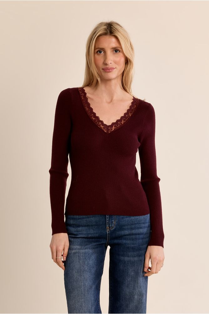Long-sleeved top, lace V-neck