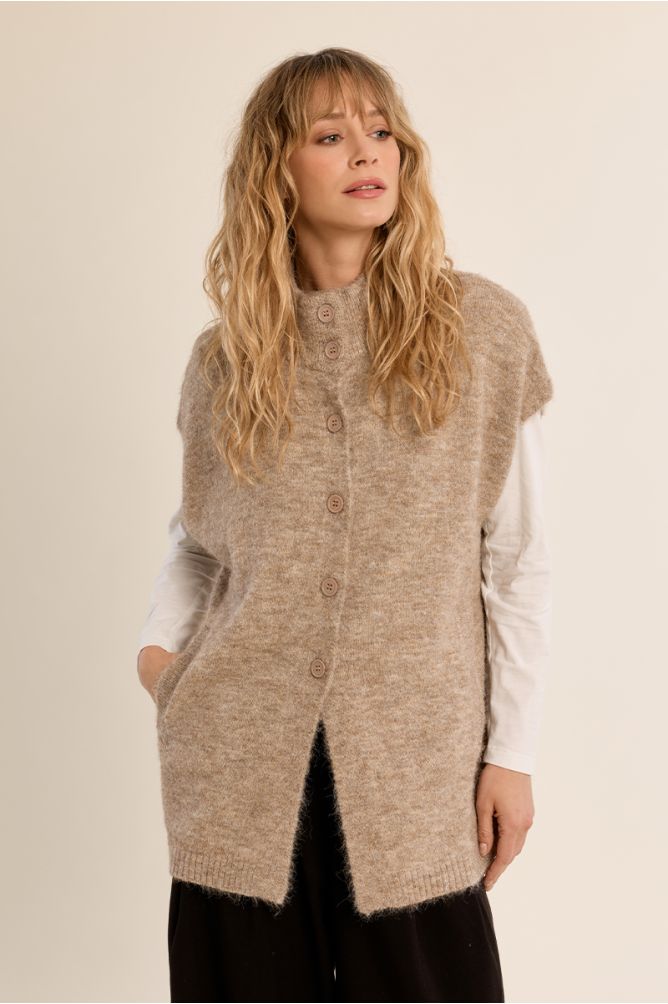 Sleeveless cardigan, stand-up collar