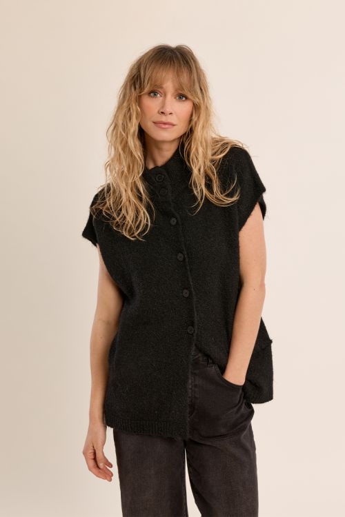 Sleeveless cardigan, stand-up collar