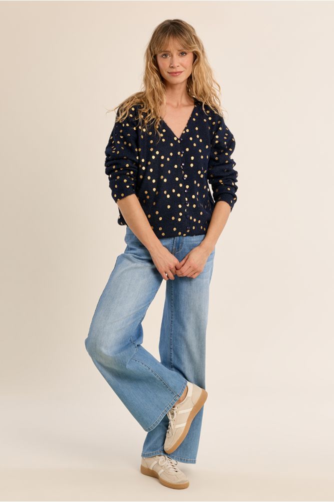 V-neck cardigan, polka dot pattern