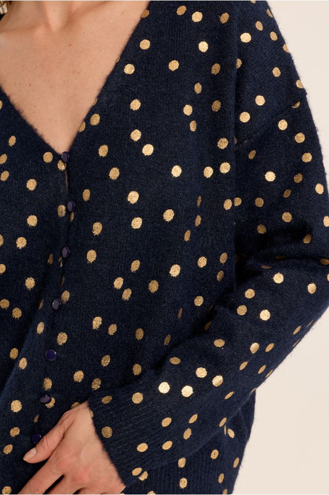 V-neck cardigan, polka dot pattern