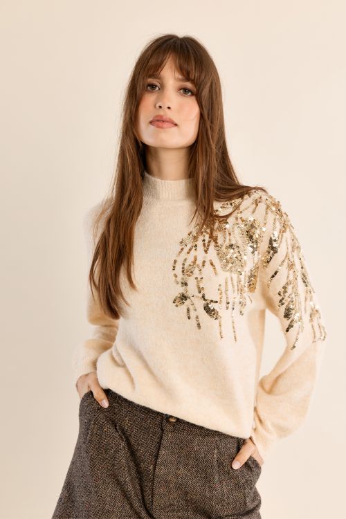 Sweater with high neck, embellished with pearls
