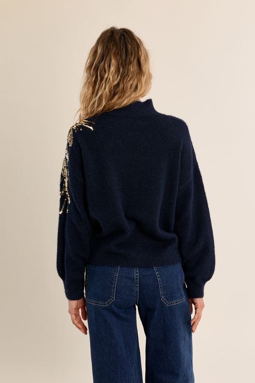 Sweater with high neck, embellished with pearls