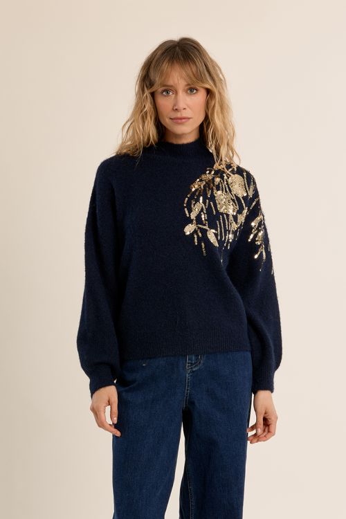 Sweater with high neck, embellished with pearls