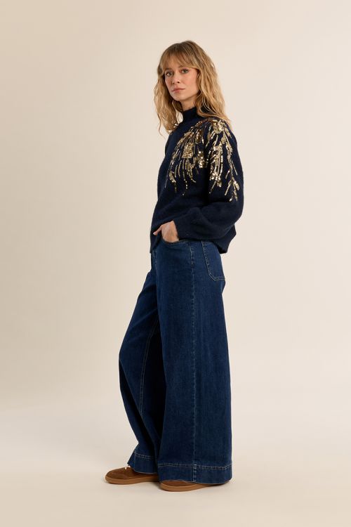 Sweater with high neck, embellished with pearls