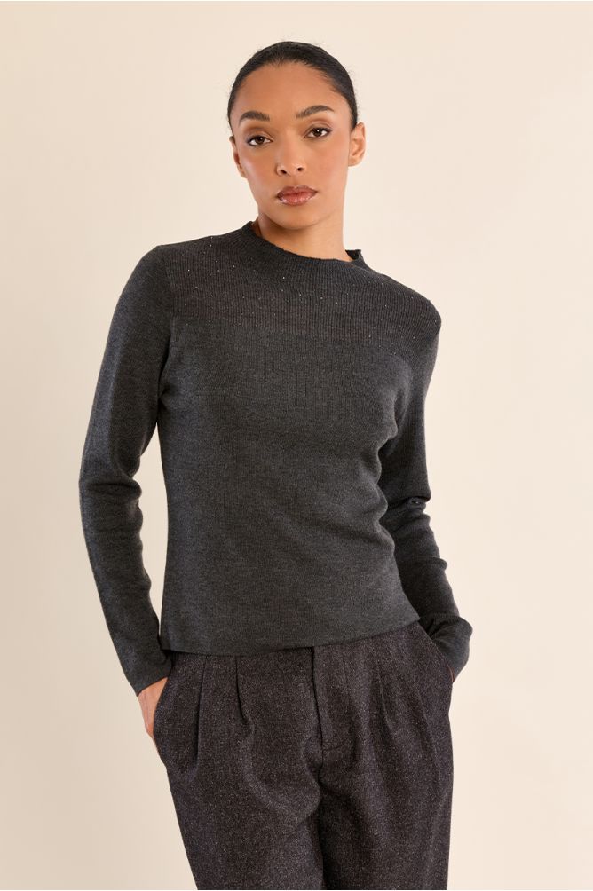 Long-sleeved top, semi-transparent collar