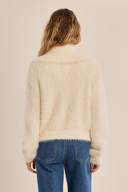 Fluffy knit cardigan, stand-up collar