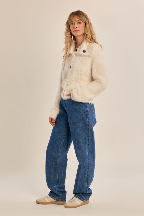 Cardigan en maille duveteuse, col montant