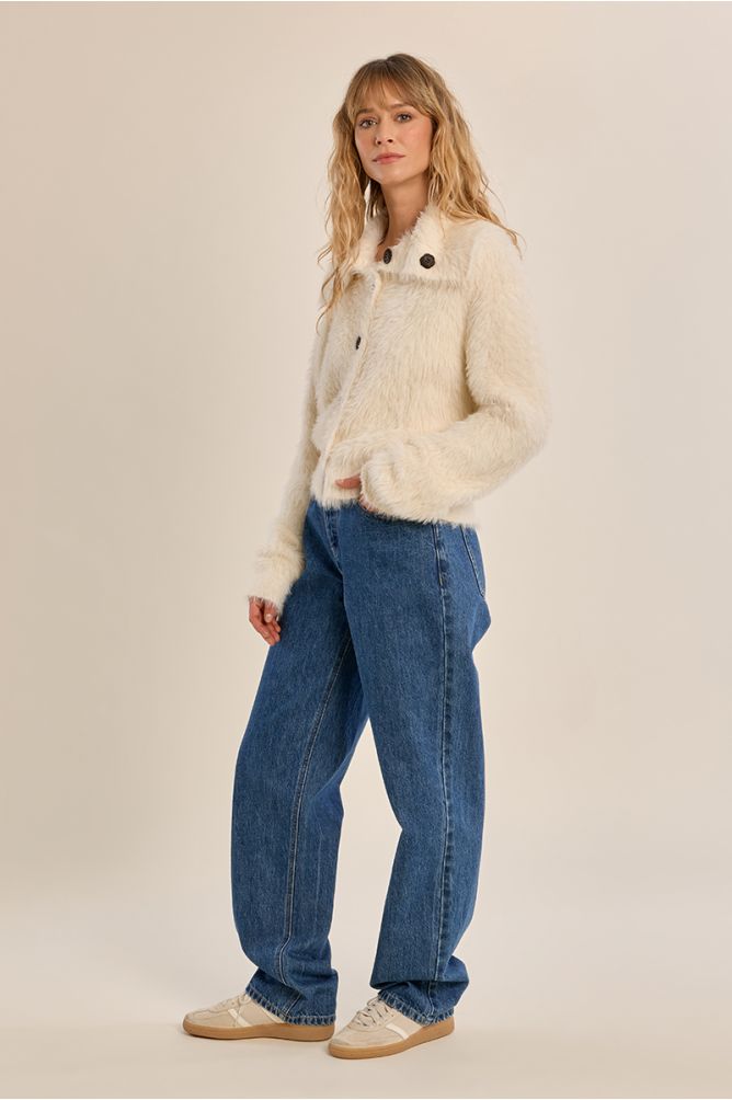 Fluffy knit cardigan, stand-up collar