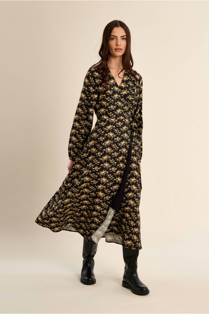 Long floral print wrap dress