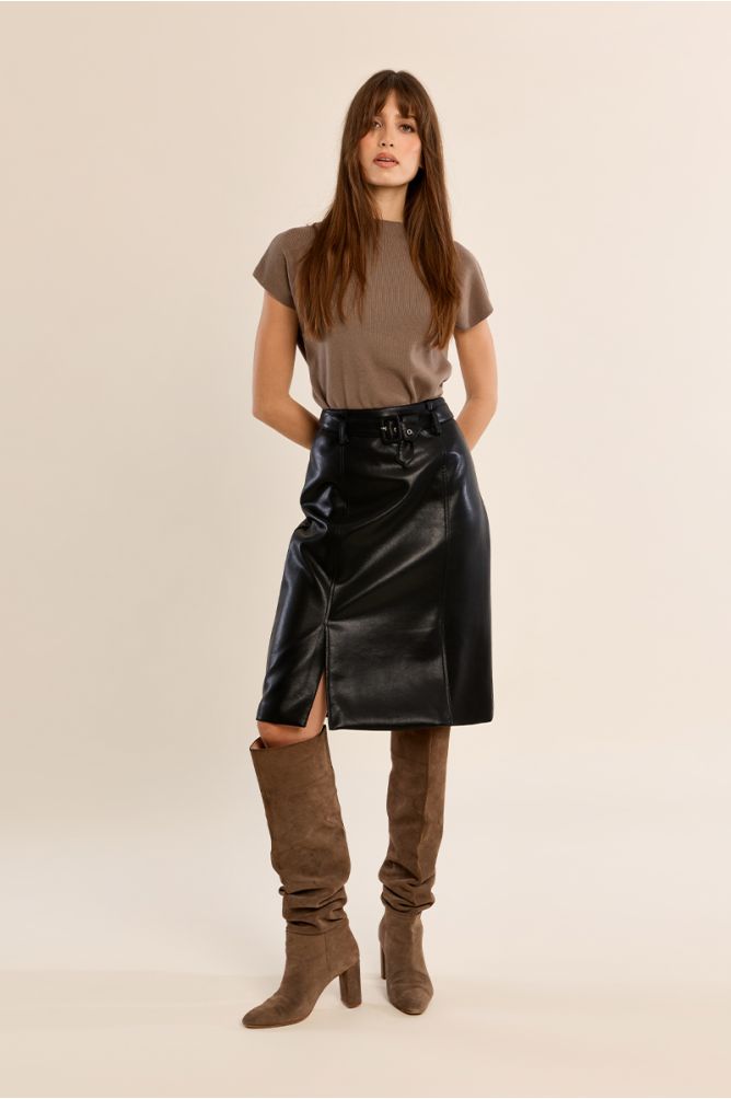 Jupe mi-longue en simili-cuir
