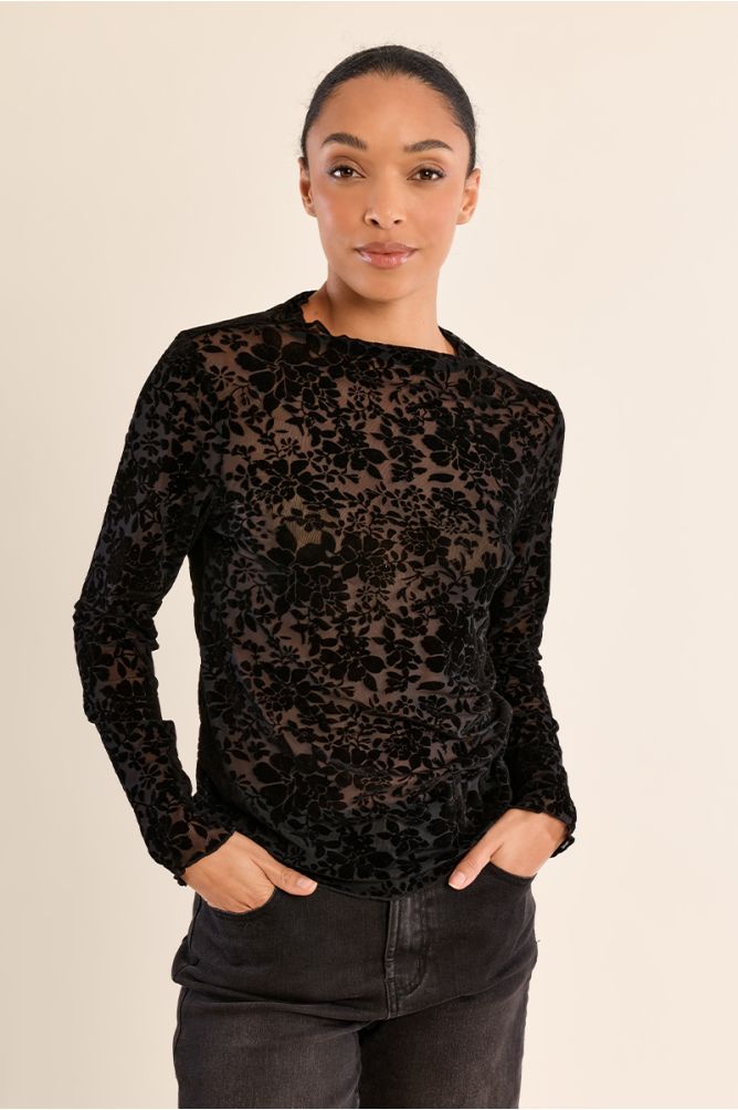 Semi-transparent top with stand-up collar