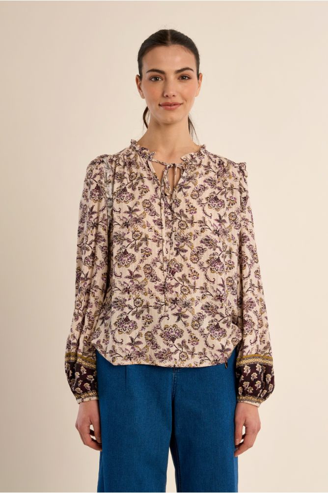 Blusa de manga larga con lazada y estampado