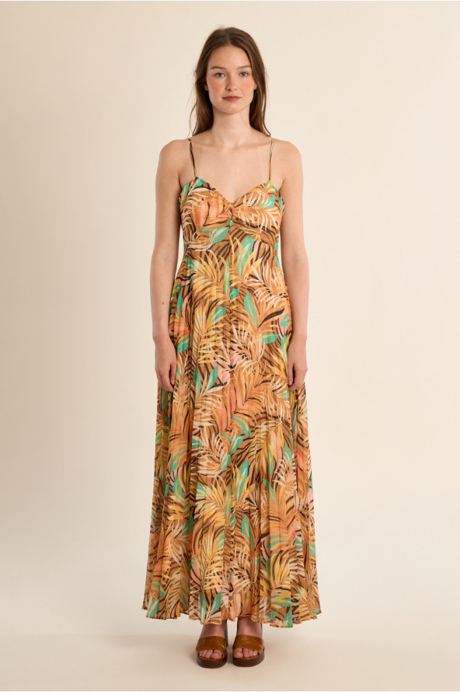 Robe longue plissée, imprimée