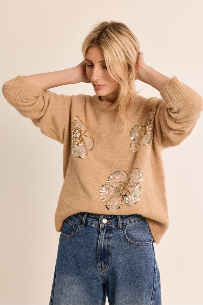 Knitted sweater, sequin flowers