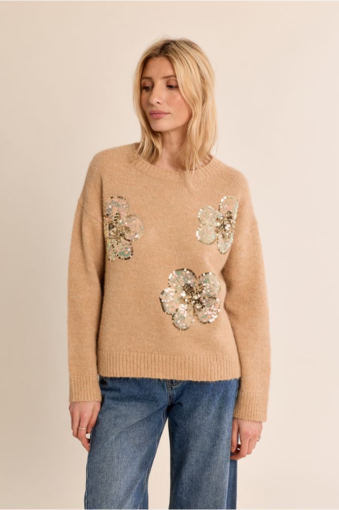 Knitted sweater, sequin flowers