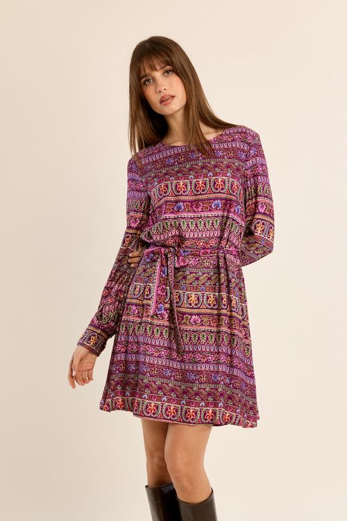 Short printed dress, balloon sleeves