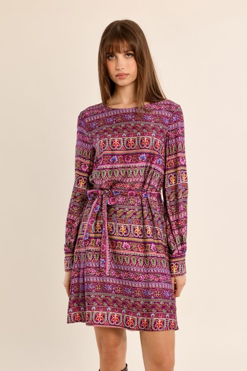 Short printed dress, balloon sleeves