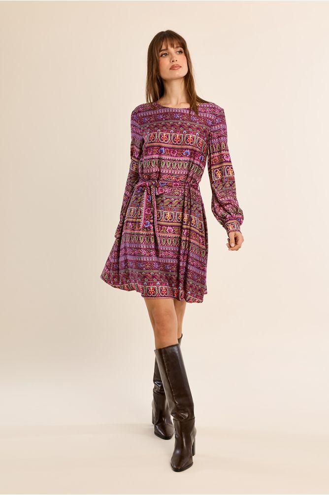 Robe courte imprimée, manches ballon