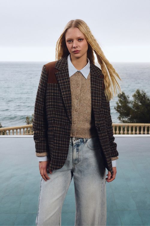 Blazer bi-matière à carreaux