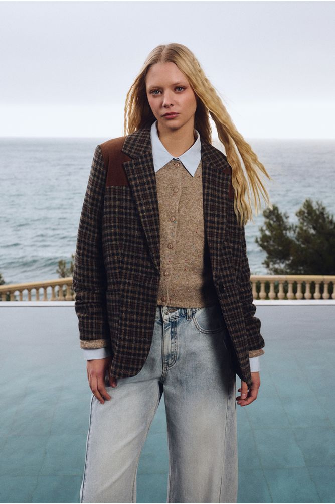 Blazer bi-matière à carreaux