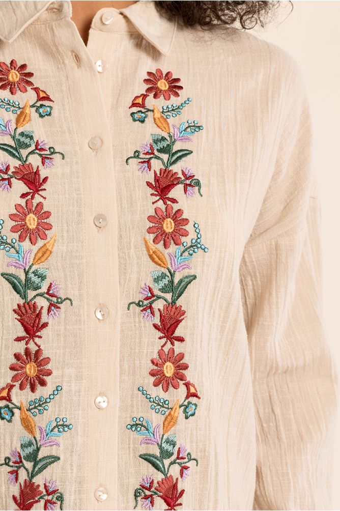 Cotton shirt, floral embroidery