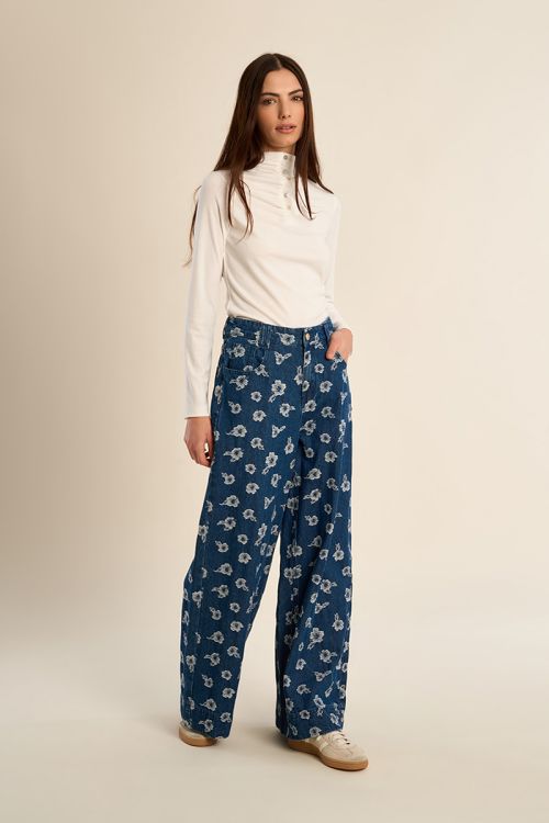 Wide-leg denim, floral, cotton