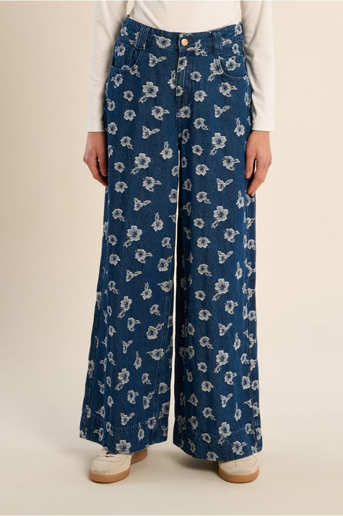 Wide-leg denim, floral, cotton