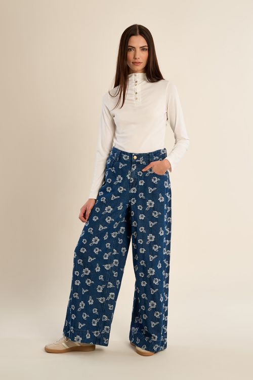 Wide-leg denim, floral, cotton