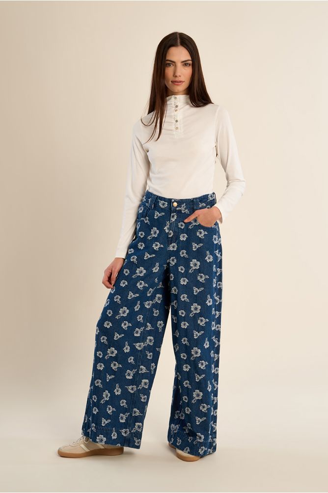 Wide-leg denim, floral, cotton