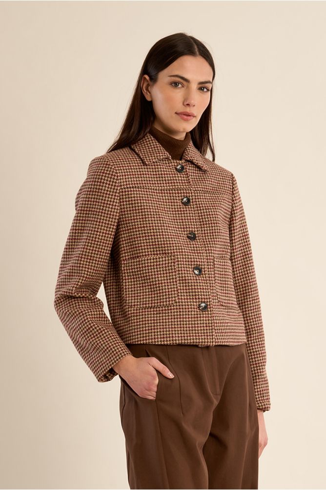Veste droite boutonnée, pied-de-poule