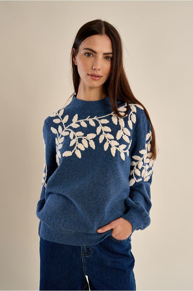 Sweater with high neck, floral embroidery