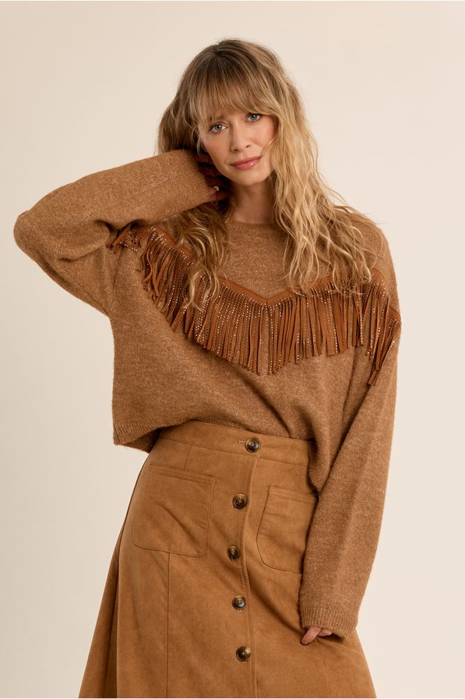 Fringed Sweater with Rhinestones