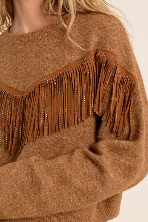 Fringed Sweater with Rhinestones