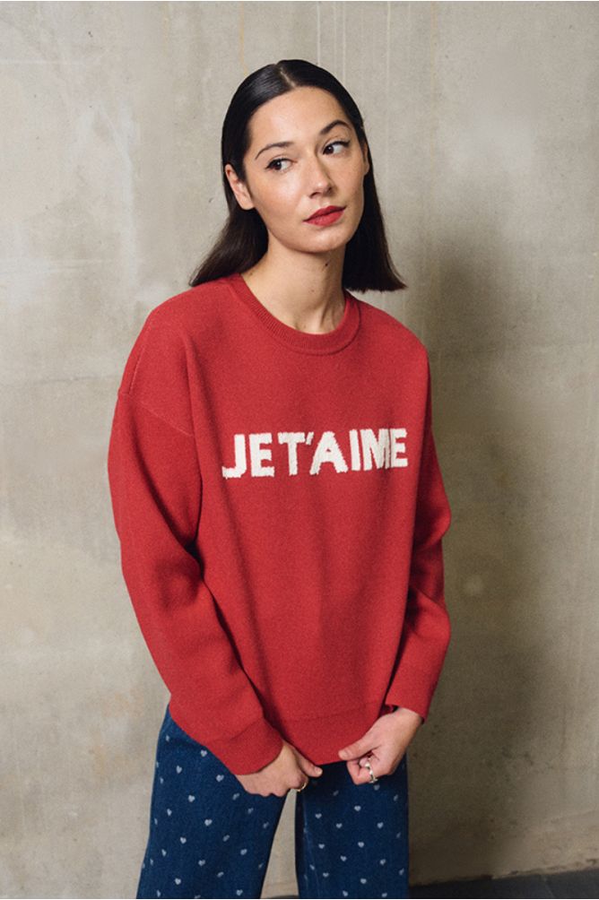 "Pull en maille, inscription ""Je t'aime"""