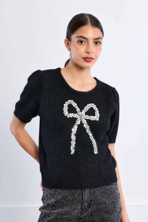 Pull manches courtes, nœud en sequin