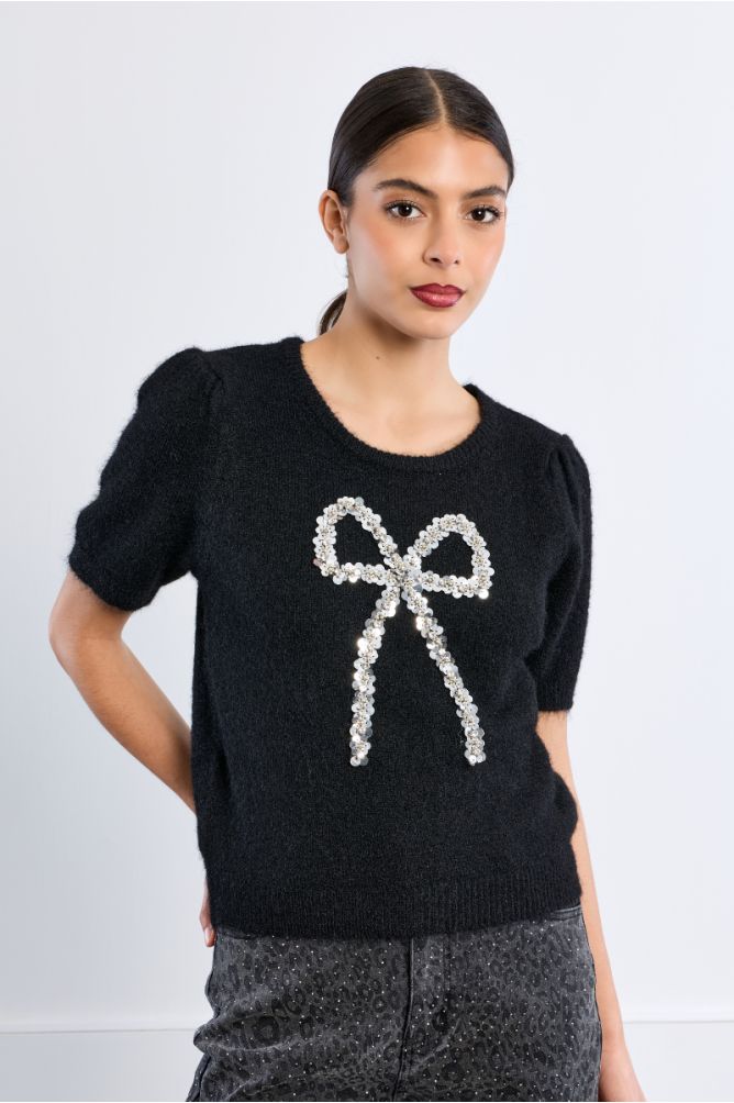 Pull manches courtes, nœud en sequin